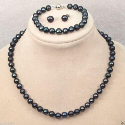 Genuine 8-9mm Black Akoya Freshwater Pearl Necklace Bracelet Earrings A Set