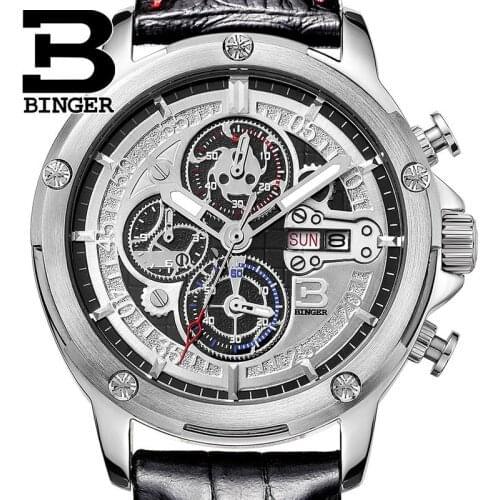 Switzerland mens watch luxury brand Wristwatches BINGER Quartz men watches leather strap Chronograph Diver glowwatch B6009-3