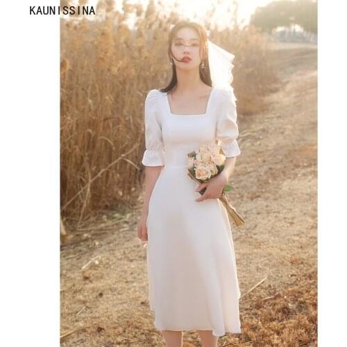 KAUNISSINA Short Wedding Dress Square Collar Half Sleeve Simple Wedding Gowns Women White Bridal Dresses Bride Vestidos De Noiva