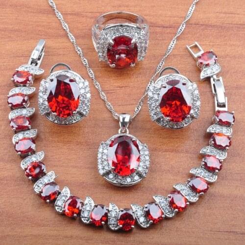 Bridal jewelry Amazing Red Zirconia Jewelry Sets For Women Earrings Necklace Pendant Ring Bracelets Russian Style JS0238