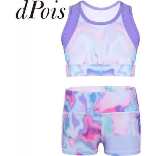 Girls Colorful Sleeveless Tie-Dye Tanks Crop Top with Boy-cut High Waist Dance Shorts Bottoms Sports Gymnastic Workout Kids Sets