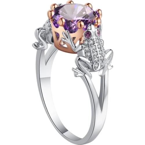 UFOORO Unique Frog Prince Shape Ring Charming Purple Birthstone Cz Stone Silver Color Wedding Ring For Women Jewelry Size 5-12