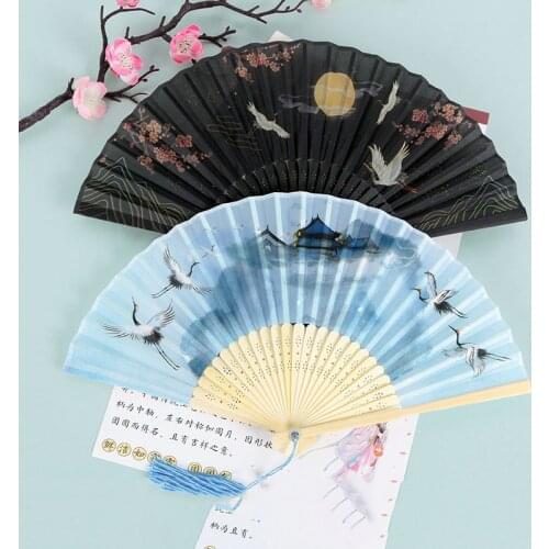 Chinese style summer dance decoration folding fan，Bamboo wood Silk，Printed hand fan，Special outdoor portable gift folding fan