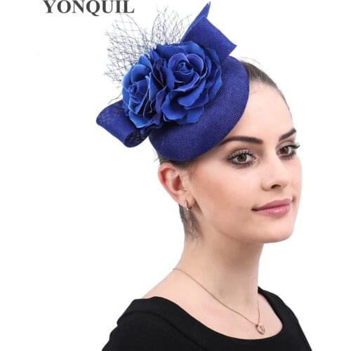 Vintage Imitation Sinamay Bridal Fascinator Royal Blue Hats With Flower Headwear Hair Clips Occasion Wedding Party Accessories