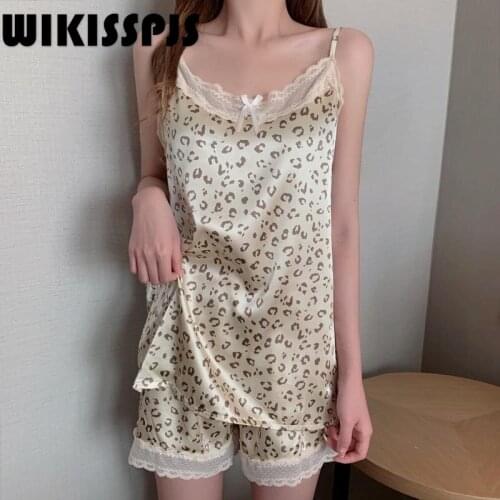 WIKISSPJS 2021 Summer New Sexy Simulation Lace Stitching Home Clothes Leopard Pattern Ice Silk Suspender Pajamas Sleep Tops
