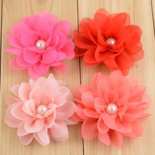Yundfly 5PCS Chiffon Layered Fabric Flower With Pearl For Baby Girls Hair Accessories Hand Craft DIY Flower