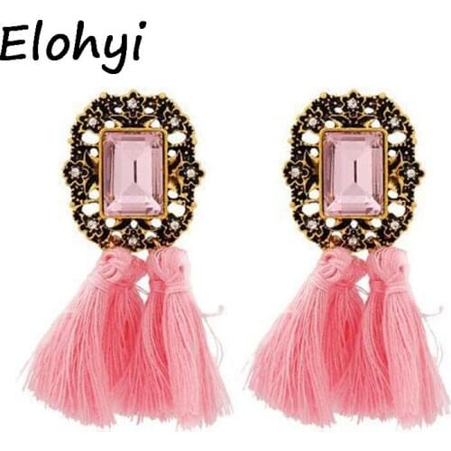 ELOHYI Women Ethnic Vintage Statement Long Handmade Tassel Drop Earrings with Acrylic Stone for Women Jewelry Gift Wholesale