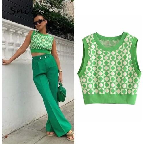 Za Green Plaid Sweater Vest Pull Sans Manches Femme Autumn Spring Knitted Tops Female Pullover Designer Women Streetwear 2021