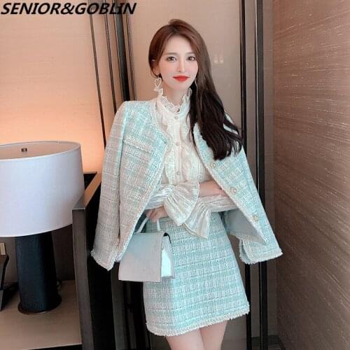 Runway Designer Autumn Winter Blue Tweed Single Breasted Beading Jacket Coat + Mini Skirt Suit Set Women 2 Piece Set Vestidos