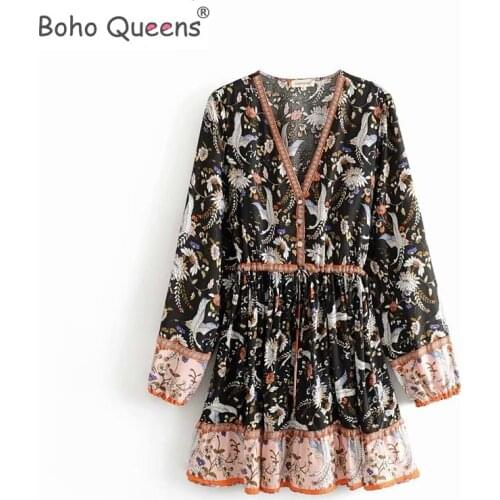 Boho Queens women Crane Floral print long sleeve beach Bohemian mini dress Ladies V neck Tassel Summer Boho dress vestidos