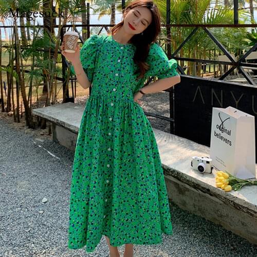 Korea Womens Summer Floral Dress Green Print O-neck Chiffon Puff Sleeve Dress Sweet Vintage Loose Waist Dress Vestidos 15686