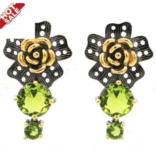 28x15mm Unique Neo-Gothic 5.7g Created Paris Blue Topaz Green Peridot For Ladies Cool Black Metal Silver Earrings Punk Hollow