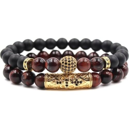 8mm 2PCS/Set xg34 elastic adjusted nature red Tigereye bead Frosted agate Onyx micro pave cz zircon cubic zirconia tube Bracelet