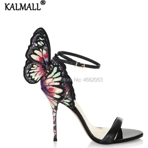 KALMALL Black Pink Leather Embroidered Butterfly Wings Sandals Ladies Party Wedding Shoes Pumps Ankle Strap Open Toe High Heels
