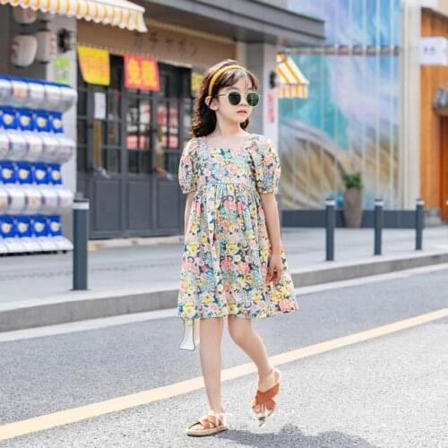 Brand Flowers print dress 2021 summer new short sleeve Cross back fashion dressTeenage clothes Kids holiday dress 6-16Y wz187