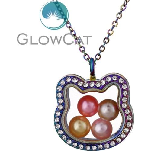 C1391 Cat head With Rhinestone Can open head Magnetic Living Memory Glass Locket Pearl Cage Floating Pendant Charm Necklace