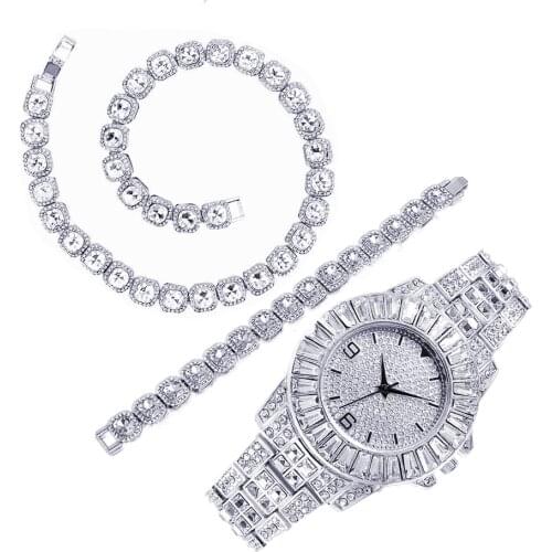 Luxury Watch for Men Fashion Necklace Watch Bracelet Hip Hop Chain Tennis Iced Out Watch for Men Women Paved CZ Bling Gold Watch