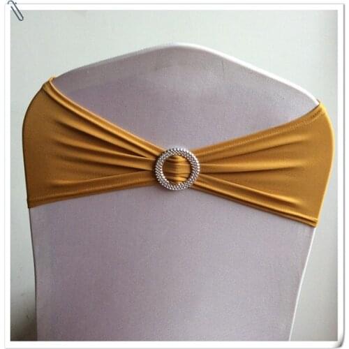 HOT Sale 100pcs Gold Stretch Chair Band With Round Buckle Replace Chair Sash Bow Wedding Party Decor FREE SHIPPING Marious