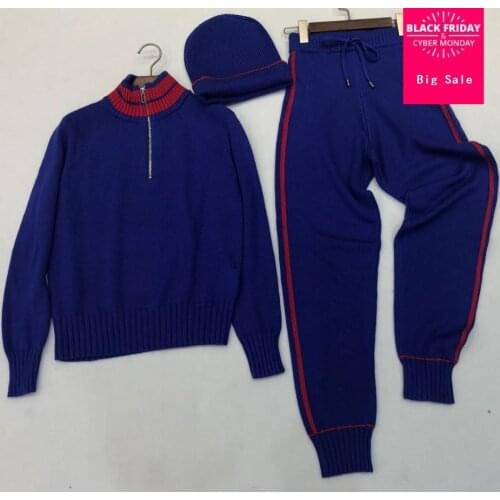 Cashmere sets + Woolen hit color Knit warm sets Velvet Sweater + Mink Cashmere Trousers Leisure Two-piece suits with hat wj2860