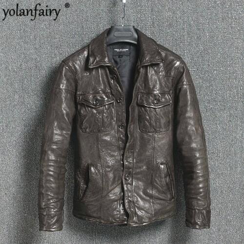 Genuine Leather Jacket Vintage Slim Mens Leather Jacket Men Motorcycle Sheepskin Coat Short Jaqueta Couro 16301888M01-2 YY411