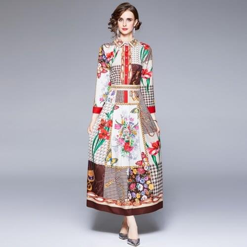 Fashion Design Runway Dress 2021 Autumn Womens Long Sleeve Checked Floral Print Casual Elegant Red Long Maxi Dress Ankle-Length