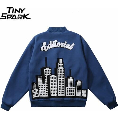 Men Hip Hop Streetwear Bomber Jacket Building Embroidery Jacket Coat 2021 Autumn Harajuku Cotton Short Jacket Coat Outwear Black