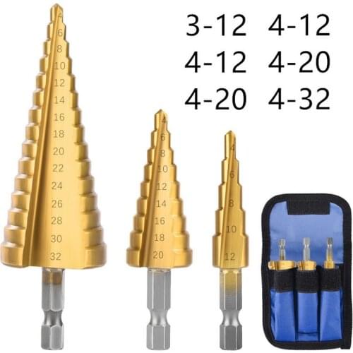 3pcHss Step Drill Set Hexagon Core Drill Taper Hole Milling Cutter Taper Metric 4-12/20/32mm 1/4 Titanium Coated Metal Drill Bit