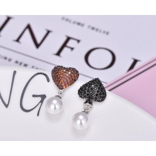 Valentines Day Gift Zircon Spade Black Red 2 Colors Heart Stud Earrings Female Fashion Pearl Drop Earrings Fashion Jewelry 2021