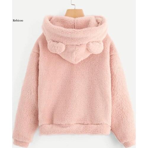 Fluffy hoodies Women kawaii Sweatshirt cute bear ear cap Autumn Winter Warm pullover Long Sleeve outwear Fleece coat moletom new