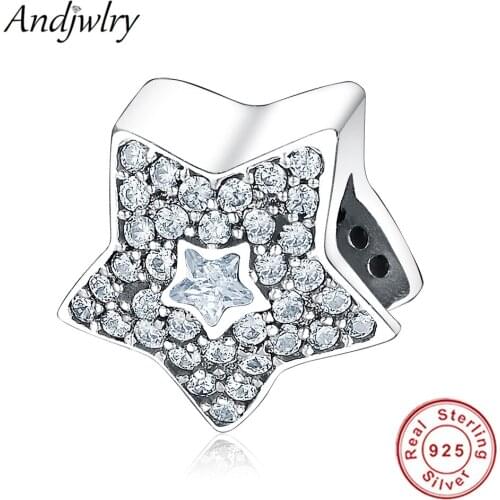 Authentic 925 Sterling Silver Bead Fit Original Pandora Charm Bracelet Clear Crystal Paved Star Charm Bead DIY Sliver Jewelry