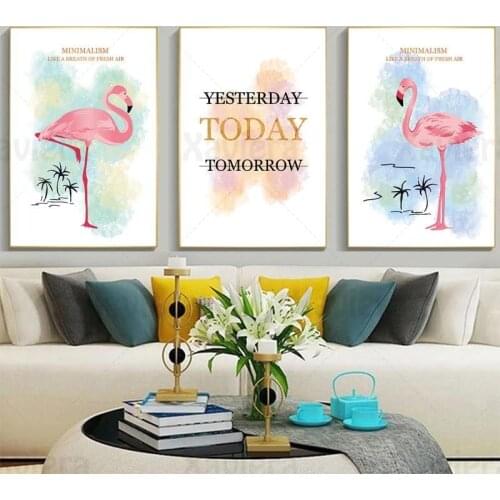 Nordic Minimalist Wall Art Pink Flamingo Today Quotes Cartoon Animal Watercolor Canvas Painting Girl Room Living Room Decoration