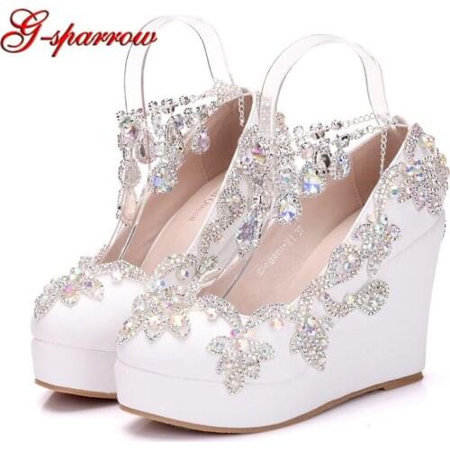 Wedges High Heel Shoes with Crystal Ankle Straps Fashion AB Crystal Bridal Wedding Shoes Plus Size Mother of the Bride Shoe