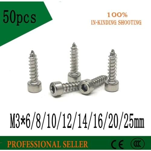 50pcs 304 stainless steel Hexagon Socket Cap Head self tapping screw Model Screw M3 *6/8/10/12/14/16/20/25 mm