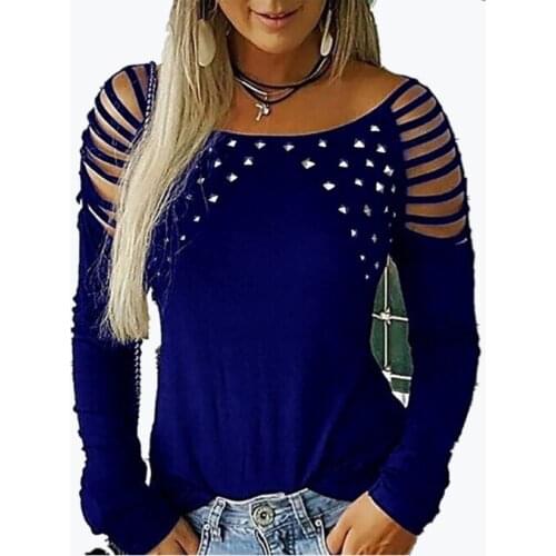 1172 T Shirt Women Streetwear Sexy Round Neck Long Sleeve Hot Pure Color Drills Female Tshirts Tops