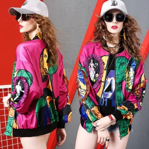 2021 New Cartoon Printing Chic Streetwear Women Jacket Autumn Long Sleeve Stand Loose Harajuku Coats Woman Spring Roupa Feminina