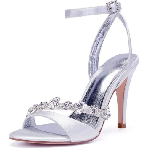 High Heels Rhinestones Bridal Sandals Women Summer Shoes Open Toe Ankle Buckle Strap Satin Formal Party Dress Sandals