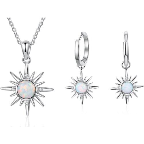 Fashion Jewelry Sets 925 Sterling Silver Sun Pendant Necklaces for Women Opal Hoop Earrings Cubic Zircon Engagement Jewelry