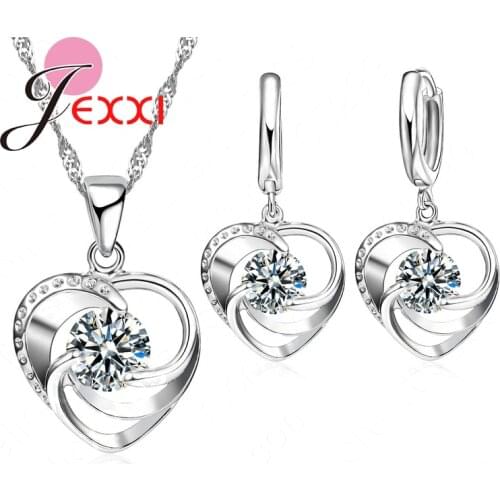 Top Quality 925 Sterling Silver Wedding Jewelry Set Necklace Earrings For Women Crystal Heart LOVE Anniversary Gift