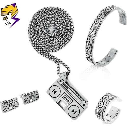 Stainless Steel Vintage Women Jewelry Sets Hip Hop Music Audio Tape Recorder Necklace Charm Bracelet Stud Earrings Ring Set