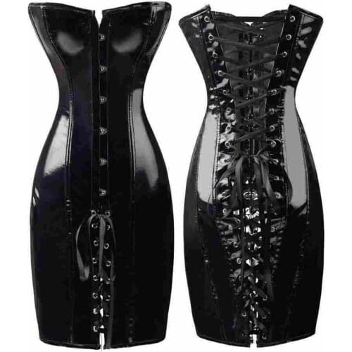 Women Gothic Steampunk Sexy Wet Look PVC Corset Dress Bodycon Lace Back Corset and Bustiers Nightclub Dress