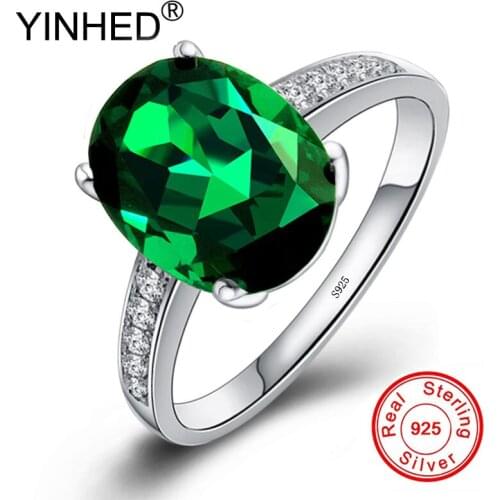 YINHED Vintage Jewelry for Women Solid 925 Sterling Silver Wedding Ring Big Oval Green Cubic Zirconia Engagement Ring ZR498