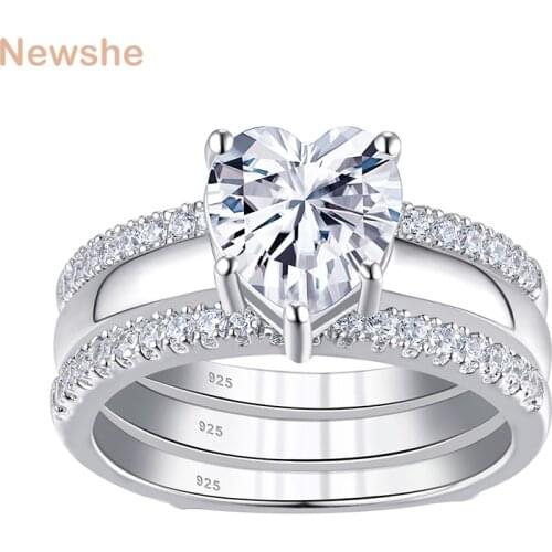 Newshe Solid 925 Sterling Silver Love Heart Shape Solitaire Engagement Ring Set For Women Guard Wedding Band AAAAA Zircon BR1159