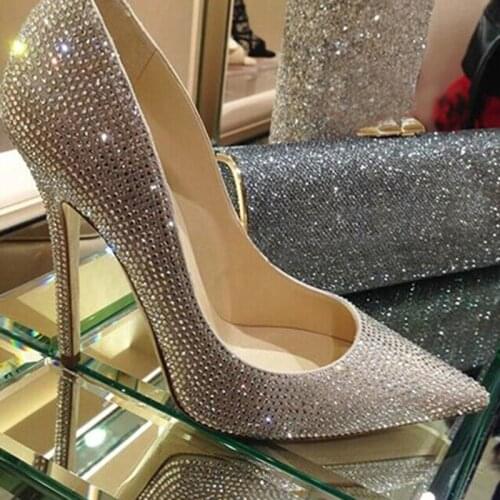 2020 Handmade Thin Heels Wedding Party Prom Pumps Shoes Pointed Toe Bridal Shoes Rhinestone High-heeled Shoes Diamond shoes