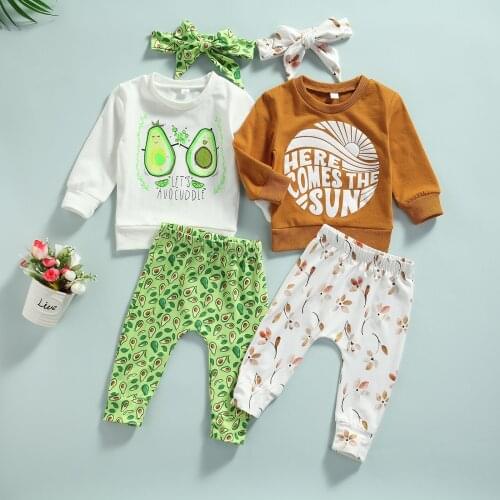 0-24M 3pcs Toddler Baby Girls Boys Clothes Sets Printed Long Sleeve Sweatshirt Tops Pants Headband Autumn Outfits