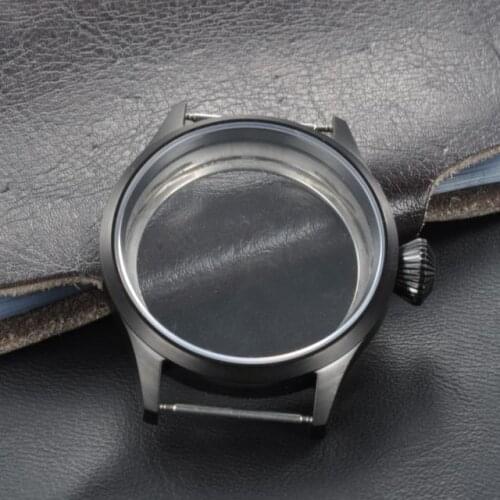 43mm black PVD Stainless steel parnis Watch CASE Brushed Bezel Sapphire Glass fit 6498 6497 movement