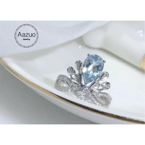 Aazuo 18K White Solid Gold Natural Blue Aquamarine 0.80ct Real Diamonds 0.3ct Princess Crown Ring for Women Senior Banquet Party