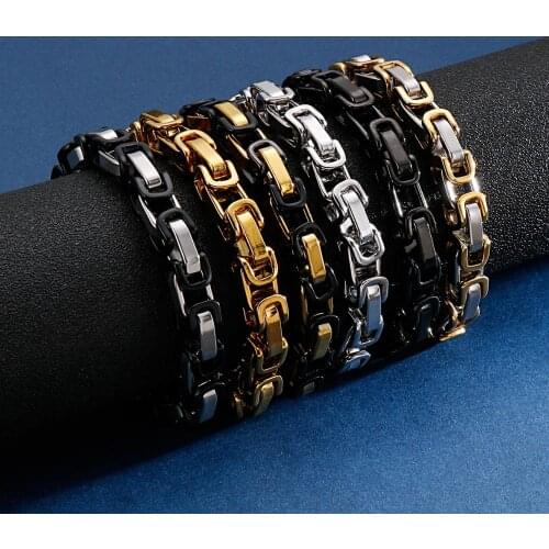 4/6/8mm Width Stainless Steel Byzantine Bracelet Men Gold/Black/S Chunky Link Chain Armband Male Jewelry Chain