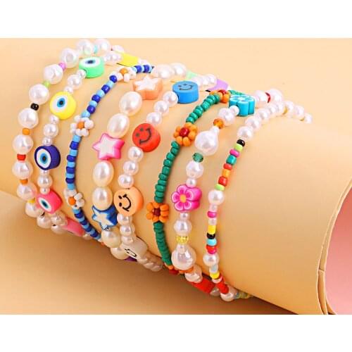 Bohemian Colorful Bead Anklet For Women Fashion Beach Smiling Face Eye Flower Simulated Pearl Ankle Bracelet Foot Jewelry Gift