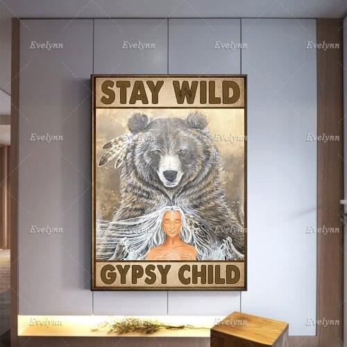 Stay Wild Gypsy Child, Camping Bear Retro Poster, Wall Canvas, Home Decor, Bear Art Print, Bear Wall Decor, Girl With A Bear