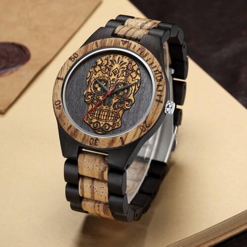 High Quality Skull Head Wooden Watch for Men Skeleton Engraved Mexico Punk Rock Dial Wood Clock Watches Male relogio masculino